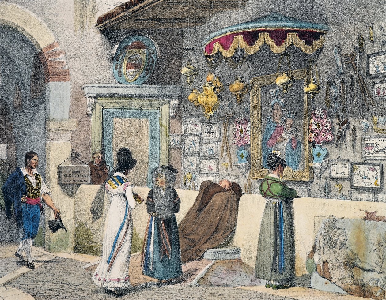 Polgárok imádkoznak Rómában, Antoine Jean-Baptiste Thomas (1791-1834), metszet az Év Rómában, Franciaországból. alkotó: Antoine Jean Baptiste Thomas
