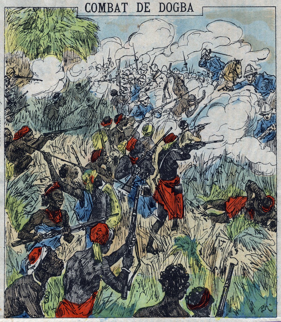 Dogba-csata Dodds tábornok expedíciós hadereje és Behanzin csapatai között. Dahomey alkotó: French School