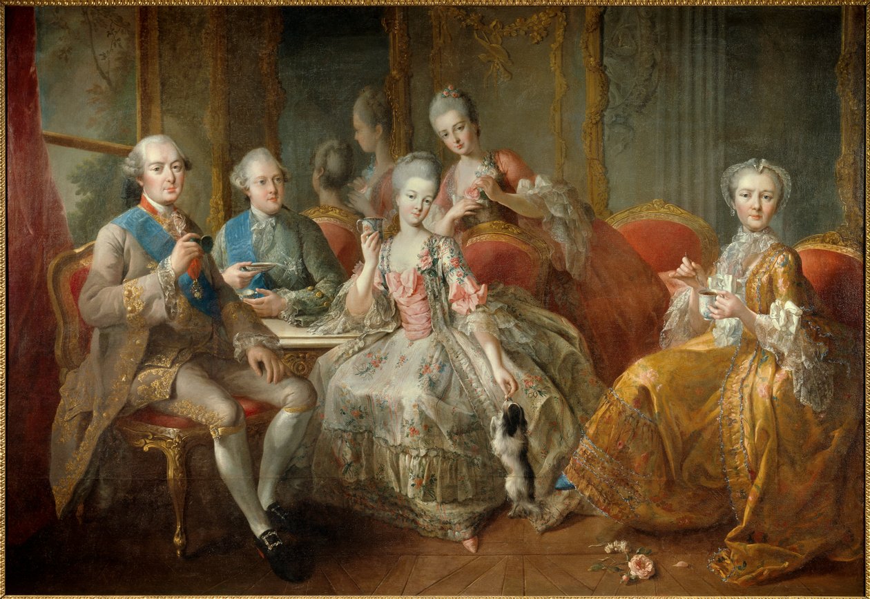 Penthievre hercegének családja 1768-ban vagy „La Tasse de Chocolat”: Penthievre hercegének (1725-1793), fiának, Lamballe hercegének (1747-1768) és Lamballe hercegnőjének (1749) újraegyesített portréi -1792), lányától, Mademoiselle de Penthitől alkotó: Jean Baptiste Charpentier