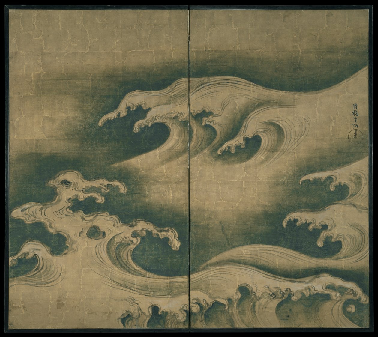 Rough Waves, két paneles összecsukható képernyő, 1704-9 körül (tinta, színes és aranylevél papíron) alkotó: Ogata Korin