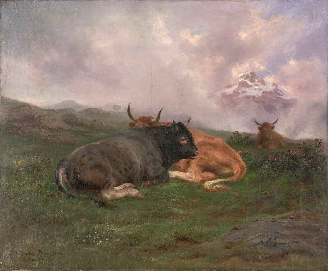 Cattle at Rest on a Hillside in the Alps   1296562   hu       hungarian Successfully Translated  Original: Gezicht op Le Pont bij het Lac de Joux Au Pont prés du Lac de Joux (title on object) Gezichten op Zwitserland (series title) Collection de quelques v alkotó: Rosa Bonheur