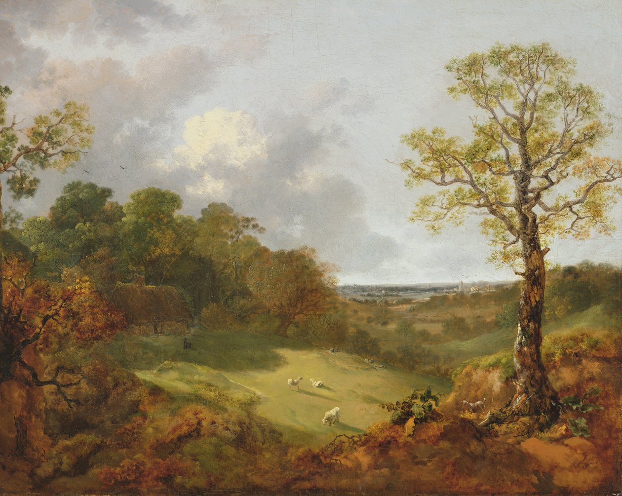 Erdős táj kunyhóval, juhokkal és egy fekvő pásztorral, 1748-50 alkotó: Thomas Gainsborough