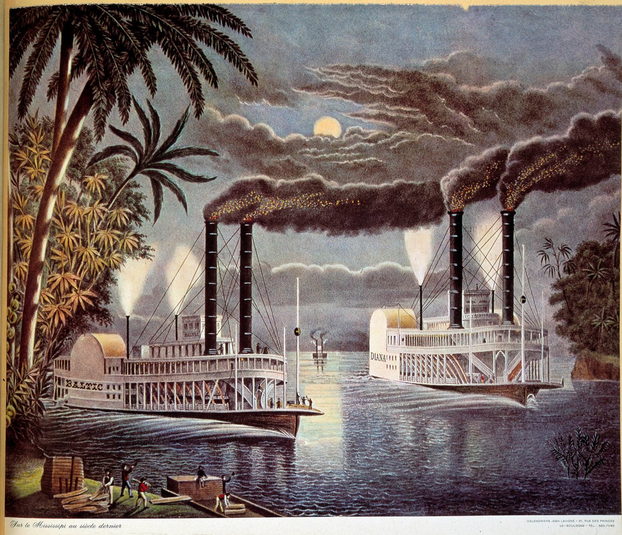 Hajóhajózás jelenete a Mississippi folyón az Egyesült Államokban. 19. század. Párizs, dekoratív művészet alkotó: Unknown artist