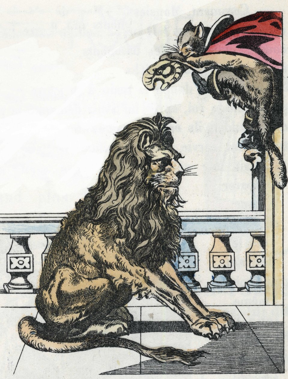 Az ogre a Boot Cat kérésére oroszlán lesz. Illusztráció Charles Perrault „The cat botte” című meséjéről alkotó: Unknown artist