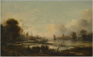 Folyami tájkép figurákkal alkotó: Aert van der Neer