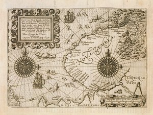 Az újonnan felfedezett Nova Zembla térképe, a Diarium Nauticum illusztrációja, vagy három csodálatra méltó utazás valódi leírása...