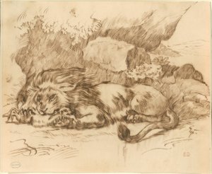 Oroszlán felfal egy nyulat alkotó: Eugène Delacroix