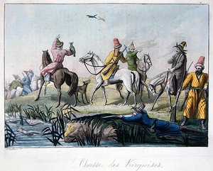 Kirgiz vadászok lövöldöznek és sólymokkal vadásznak, illusztráció Jules Ferrario „Le Costume Ancien et Moderne” című művéből, Milánóban megjelent az 1820-as és 30-as évek körül (színes metszet) alkotó: Gallo Gallina