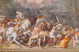 Ajax védi Patroclus holttestét a trójai csata során, A trójai faló, Trójai Kamara (Sala di Troia)