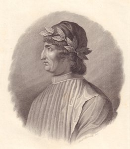 Angelo Ambrogini olasz költő és humanista portréja, más néven Poliziano (1454-1494), G Bonatti rézmetsze alkotó: Walter Charles Mills