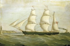 A "Queen Bee" vitorlás (1852-ben épült), egyik oldalán házakból épített világítótoronnyal. Olajfestmény