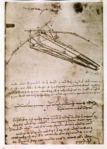 Kivonat egy Da Vinci-kéziratból, amely a "repülő gép" elvét és felépítését írja le (kézirat). alkotó: Leonardo da Vinci