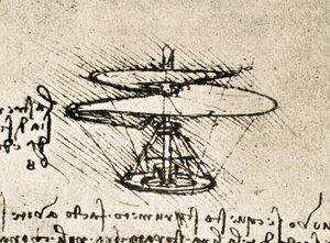 Kivonat egy Da Vinci-kéziratból, amely a "Légi csavar (helikopter)" elvét és felépítését írja le (kézirat). alkotó: Leonardo da Vinci