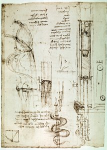 Kivonat egy Da Vinci-kéziratból, amely leírja a "cölöpverő (cölöpkalapács)" elvét és felépítését (kézirat). alkotó: Leonardo da Vinci