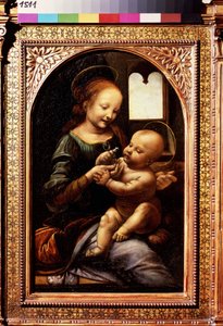 Szűz és gyermek virággal vagy Madonna Benois (Madonna virággal vagy Madonna Benois). Leonardo da Vinci festménye (Leonardo da Vinci alkotó: Leonardo da Vinci