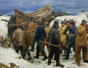 A mentőcsónakot átviszik a dűnéken, 1883