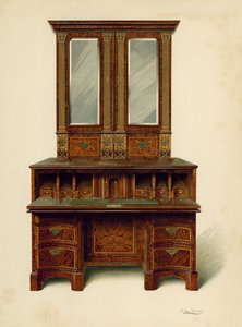 Diófa intarziás írószekrény, Alfred A de Pass (chromolitho) tulajdona alkotó: Shirley Charles Llewellyn Slocombe