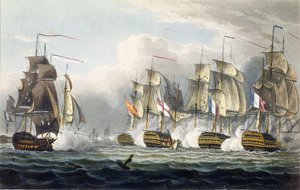 A HMS Bellerophon helyzete parancsnoka, Cooke kapitány halála után a trafalgari csatában, 1805. október 21-én, T. Sutherland metszete a "The Naval Chronology of Great Britain" című kiadványhoz, melyet T. Sutherland készített.