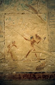 Az ókori Egyiptom: Saqqarah (vagy Saqqara vagy Sakkarah): a Régi Birodalom nekropolisza, nemesek sírja. A horgászjelenetet ábrázoló domborművek részlete.