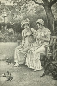 Jane Austen varr, nővérével, Cassandrával a Rectory Gardenben (litho) alkotó: Walter Paget