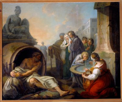 Diogene megtöri az ekulárist A cinikusnak nevezett szinopi Diogene (Kr. e. 413-327), görög filozófus elhagyja ekulárisát, miután látta, hogy egy gyermek vizet iszik a kezében a szökőkútnál. Etienne Jeaurat (1699-1789) festménye 18. század V. 1,62x1,95 m Pá alkotó: Étienne Jeaurat