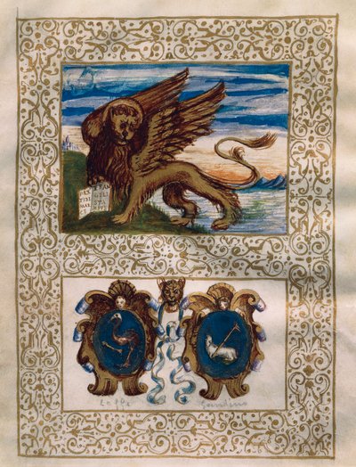 Velence szárnyas oroszlánja, valamint a Leffe és Gandino címer, miniatűr a Privilegio della Serenissima alla Val Gandino-ból, június 18. alkotó: Walter Charles Mills