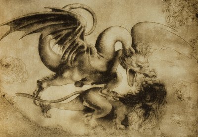 A sárkány megöl egy oroszlánt, Leonardo da Vinci rajza. Rajzok és nyomatok kabinetje, Uffizi Galéria, Firenze alkotó: Leonardo da Vinci