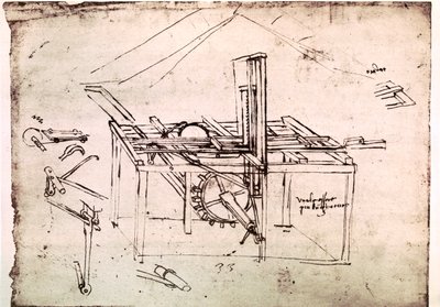 Kivonat egy Da Vinci-kéziratból, amely egy "hidraulikus fűrész elvét és felépítését írja le automatikus továbbítással" (kézirat). alkotó: Leonardo da Vinci