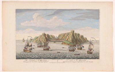 Kilátás a Saint Helena-szigetre Szent Helén szigete. Az angliai East India Company tagja (cím a tárgyon) A VOC települései (sorozat címe) alkotó: Robert Sayer